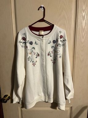 Vintage Ivory Embroidered Floral Button-Up Cardigan with Burgundy Trim